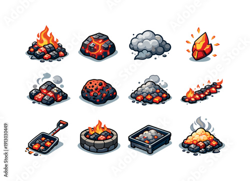   Cinder. Colorful isometric vector icons set of Cinder: burning cinder pile, glowing ember rock, ash cloud puff, fire spark