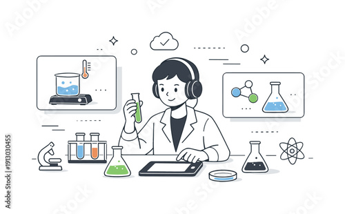 Virtual labs and simulations. A student conducting a science experiment in a virtual lab environment, safe and focused. Abstract screens and