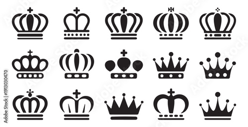 Set of black crowns vector icons, featuring a variety of royal and majestic symbols for design