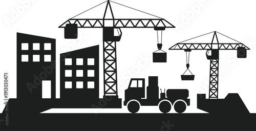 Black silhouette construction site illustration with tower cranes, cement mixer truck, partially built buildings, urban development, industrial machinery, architecture, infrastructure design concept