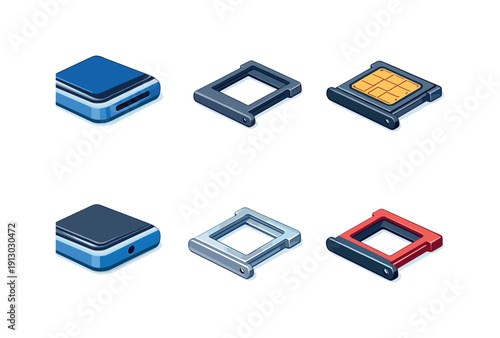 SIM card tray. Isometric flat vector icons set of SIM card tray: smartphone edge with SIM tray, removed SIM card tray, SIM tray with contacts