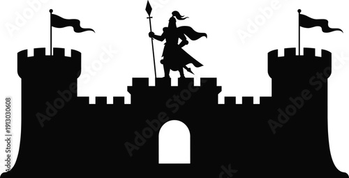 Black silhouette medieval castle illustration with warrior knight holding spear, towers with flags, fortress architecture, fantasy heroism, battle, fortress defense design concept