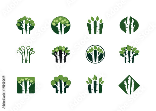Aspen Logo Variations. Aspen. Icon set. Set Logo of Aspen: cluster of aspen trunks with foliage. harmonious logo variations of the same emblematic concept,