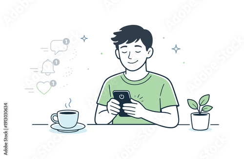 Work-life boundary transitions at home. Notification icons fading away as a person turns off their phone and smiles, signaling digital