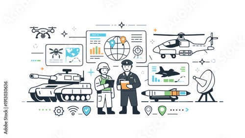 Military hardware technology. A neutral scene combining traditional equipment with digital interfaces and data screens. The mood highlights