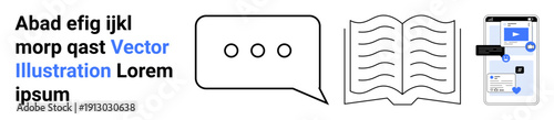 Education, communication, online learning, media sharing, technology, and digital tools. Chat bubble, open book and smartphone icons arranged in minimal style. Communication and education concepts