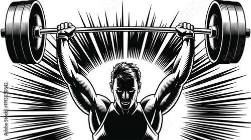 Black silhouette weightlifting fitness illustration with muscular athlete lifting barbell overhead, strength training, bodybuilding, power, determination, gym workout, sports performance design