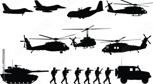Military aircraft helicopter tank soldiers and armored vehicle silhouette collection modern army vector illustration set isolated