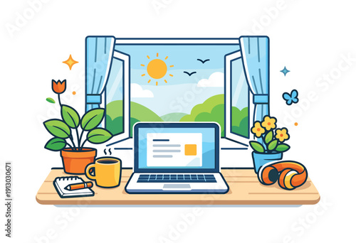   Spring freelance lifestyle a relaxed workspace with a laptop near an open window, plants and soft sunlight creating a feeling of freedom,