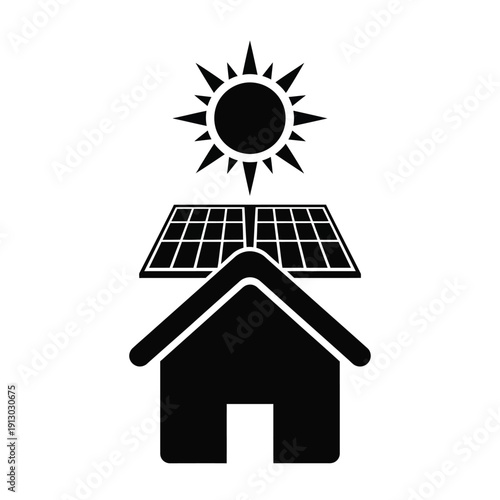 Vector illustration icon black vector illustration of a house with solar panels on the roof and a sun above
