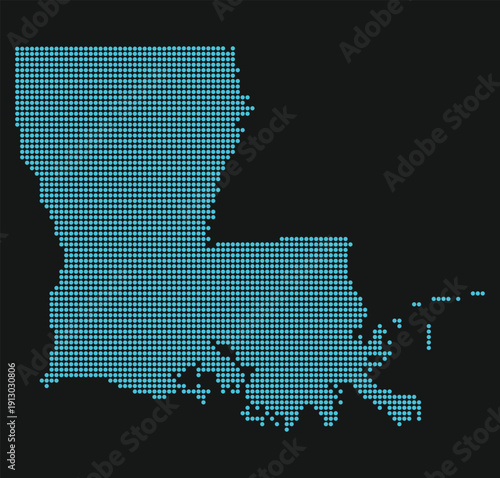 Louisiana Light Blue Point Grid Map on Black for Maritime Logistics and Autonomous Shipbuilding. Louisiana state dotted map.