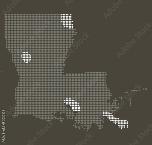 Louisiana State Grey and White Dotted Map on Brown for Carbon Capture and Clean Hydrogen Corridors. Louisiana state dotted map.