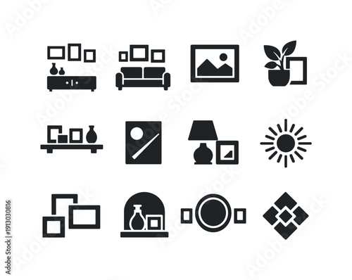   Home decor frames. Filled icon set of Home decor frames: living room wall, sofa backdrop,