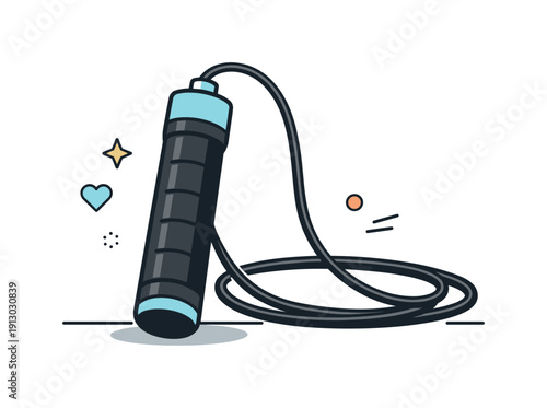 Jump rope handle. A clean editorial close-up of a jump rope handle resting on a flat surface, with the rope gently curved beside it. The