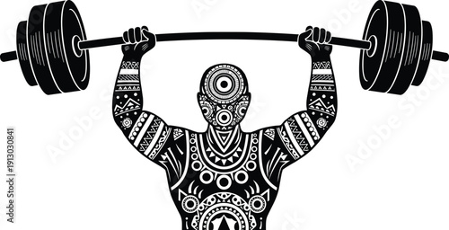 Stylized tribal weightlifter silhouette lifting barbell overhead, geometric patterned fitness illustration, strength training artwork, cultural design concept, 