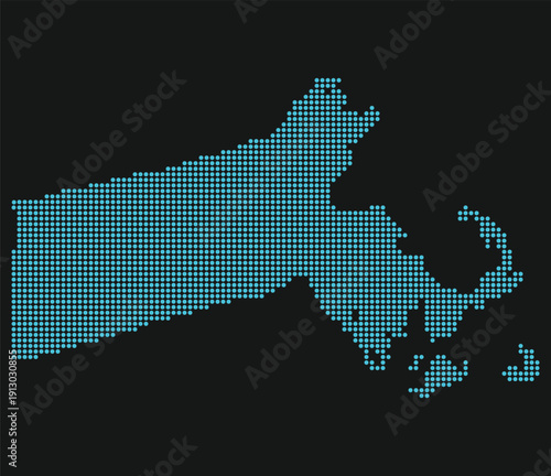 Massachusetts Light Blue Point Grid Map on Black: Greater Boston Robotics and Applied AI Hub. Massachusetts state dotted map.