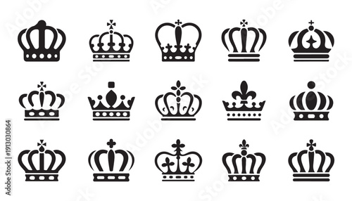 Selection of ornate crowns, detailed black icons, signifying nobility, power, and supreme dominion, isolated