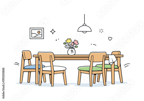 Dining room simplicity. A side view of a wooden dining table with chairs slightly pulled out, relaxed and lived-in. A small vase of flowers