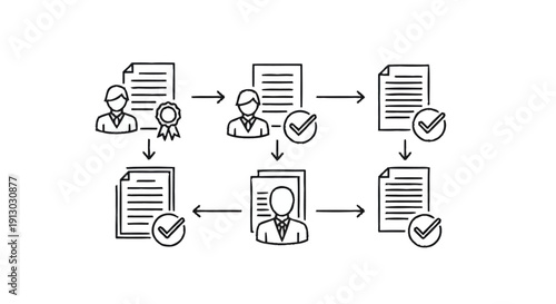 Document approval workflow with people and checkmarks.