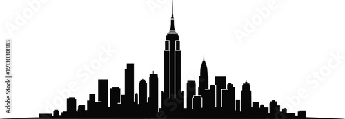 New York City skyline silhouette featuring Empire State Building, iconic skyscrapers, urban architecture 