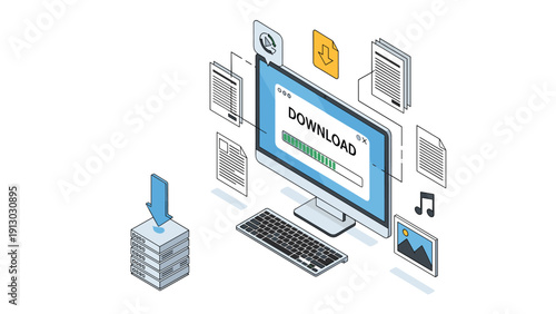 Computer desktop display shows a file download in progress with various document icons floating around the user interface.