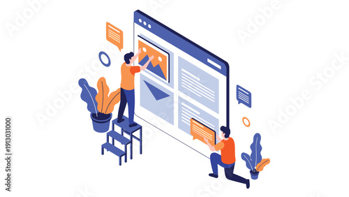 Web developers work together on a ladder to build a modern website interface by placing images and text on a large screen.