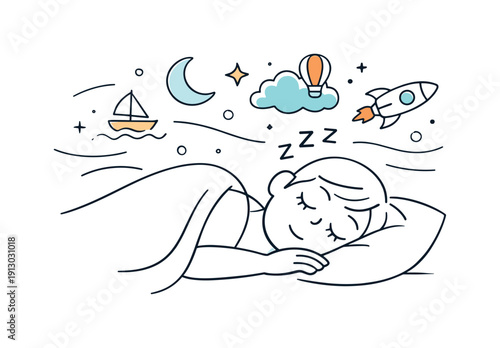 REM sleep phase. A sleeping figure surrounded by soft motion lines, closed eyes showing gentle activity beneath. Floating symbols hint at