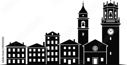 Black and white European townscape silhouette with historic towers, clock tower, bell tower, residential buildings, architectural skyline illustration for cultural heritage and cityscape design
