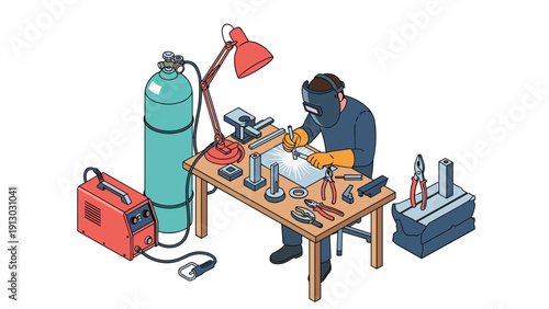 Industrial welder performs precision metalwork at a workbench equipped with tools, a gas cylinder, and protective gear.