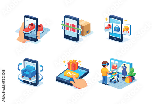 Mobile AR commerce. Isometric flat vector icons set of mobile AR commerce: smartphone scanning product, AR barcode scan, mobile AR catalog,