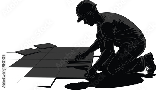 Construction worker silhouette, tile installation, kneeling, hard hat, tool belt, trowel, adhesive, flooring repair, renovation illustration, building maintenance vector art