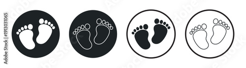 Baby footprints icon set, black and white newborn feet symbols in circle frames, flat and outline vector collection on transparent background