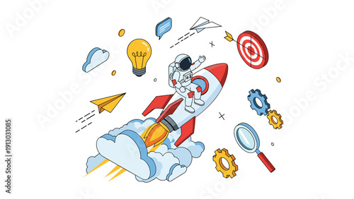 Creative startup and innovation concept with astronaut riding rocket surrounded by light bulb target gears and paper planes for business growth.