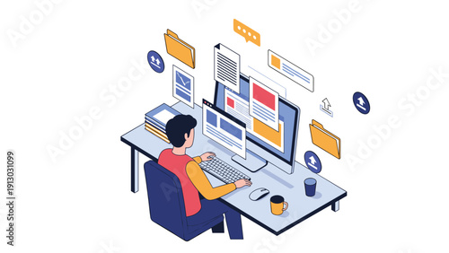 Professional workspace with man working at computer surrounded by digital documents and folders for efficient data management.