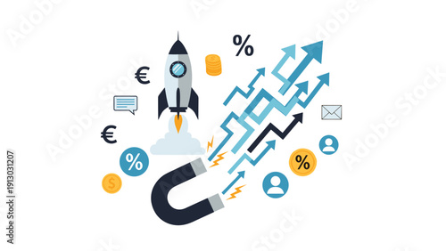 Inbound marketing and lead generation concept with magnet attracting growth arrows rocket and business icons for customer acquisition.