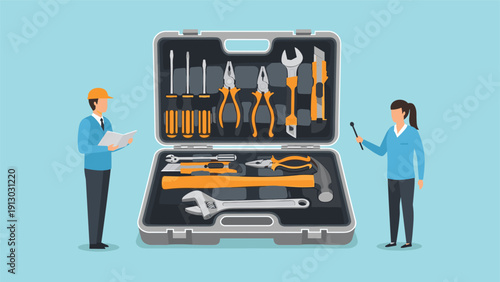 Professional tool kit and repair service team concept with workers standing next to large open toolbox filled with maintenance equipment.