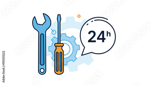 Round the clock technical support and maintenance service featuring wrench screwdriver gear and twenty four hour help assistance icon.