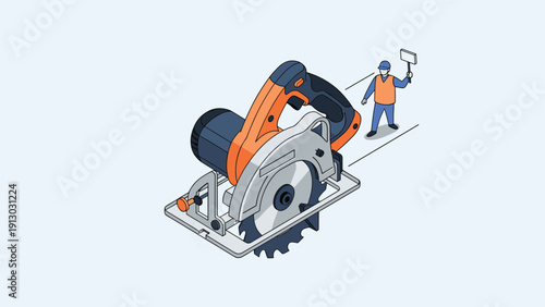Industrial woodworking and construction equipment concept featuring large circular power saw with worker directing operations.