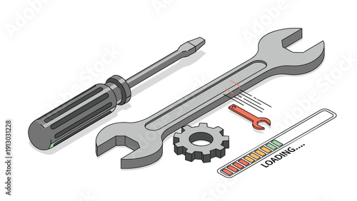 Technical maintenance and system update concept featuring screwdriver wrench gear and progress loading bar for repair service.