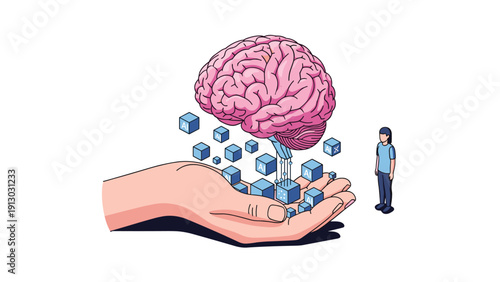Human intelligence and artificial intelligence synergy concept showing giant hand cradling brain with floating digital data cubes.