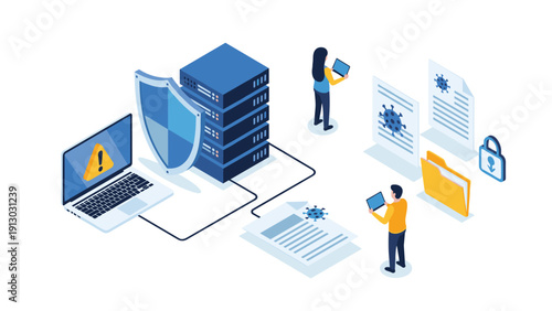 Cybersecurity threat detection and malware prevention concept with team monitoring server systems and digital files for virus protection.