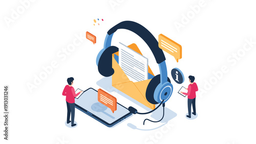 Customer communication and contact center concept showing large headset with email message and support staff using digital tablets.