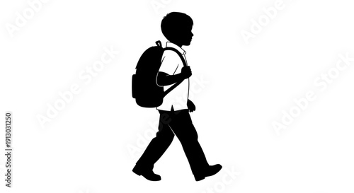 Silhouette of a boy walking with backpack.