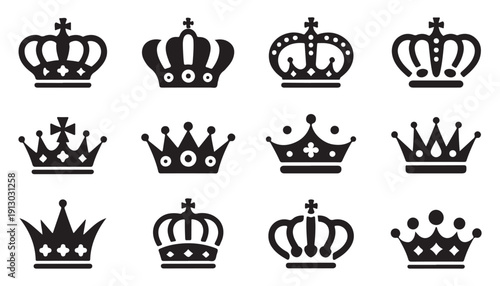 Monarchy crown silhouettes set for heraldry and luxury design projects featuring different ornaments
