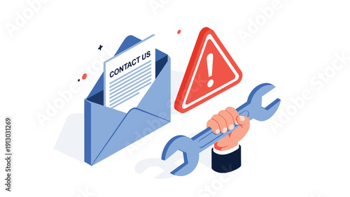 Technical support and urgent contact service concept featuring contact us email envelope warning sign and wrench tool for repairs.