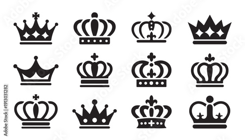 Royal crown collection in flat black style decorative monarch symbols for premium branding designs