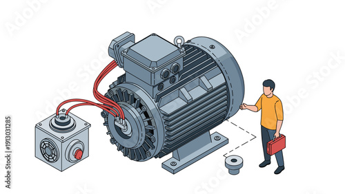 Industrial machinery maintenance and engineering concept with technician inspecting large electric motor and control equipment.