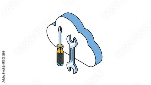 Cloud service maintenance and technical support concept featuring white cloud icon with wrench and screwdriver for remote online repair.