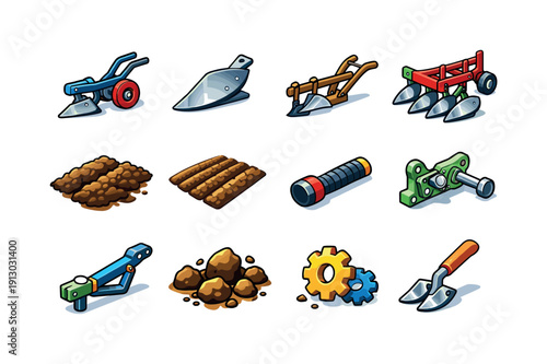    Plow. Colorful isometric vector icons set of plow: farm plow tool, steel plow blade, wooden plow, tractor plow attachment, soil furrow,