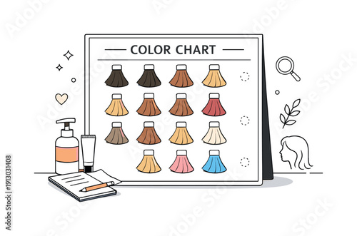 Salon color chart. Hair color strips arranged neatly on a board, suggesting consultation and choice. The mood highlights care, expertise, and